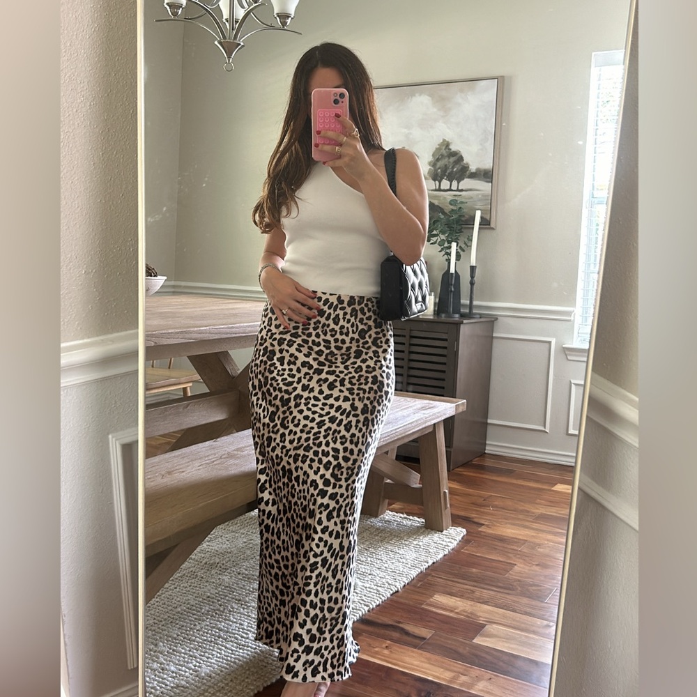 Zara Leopard Midi Satin A-Line Skirt for Night Out